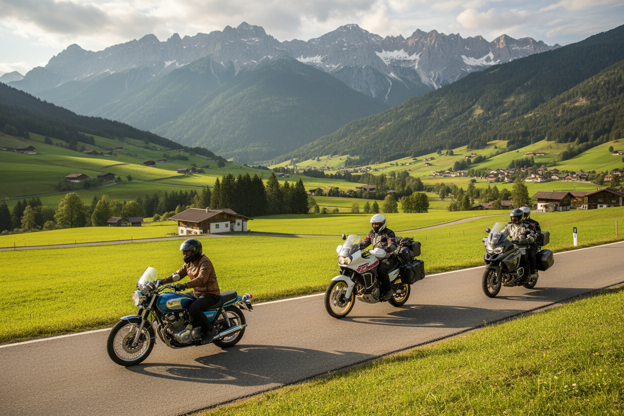 generiere mir mal bitte ein gutes header bild, motorradgruppe mit unterschiedliechen bikes, also caferacer, transalp, tourer etc, wie sie gemütlich (nicht schnell) in österreich einem breiten tal fahren